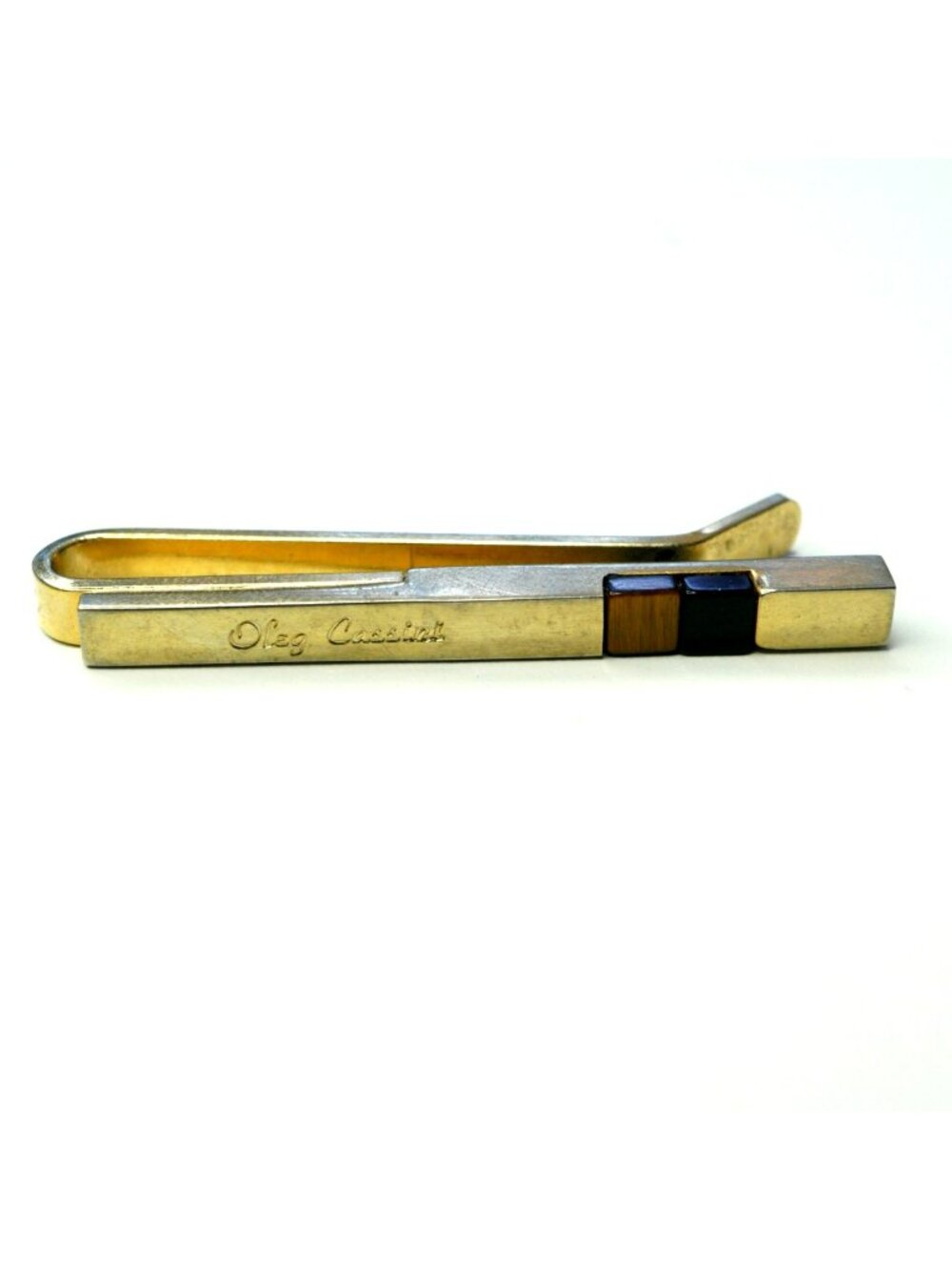 Vintage Oleg Cassini Gold Tone Tie Clip Tiger Eye Black Inlay Tie Bar Minimalist